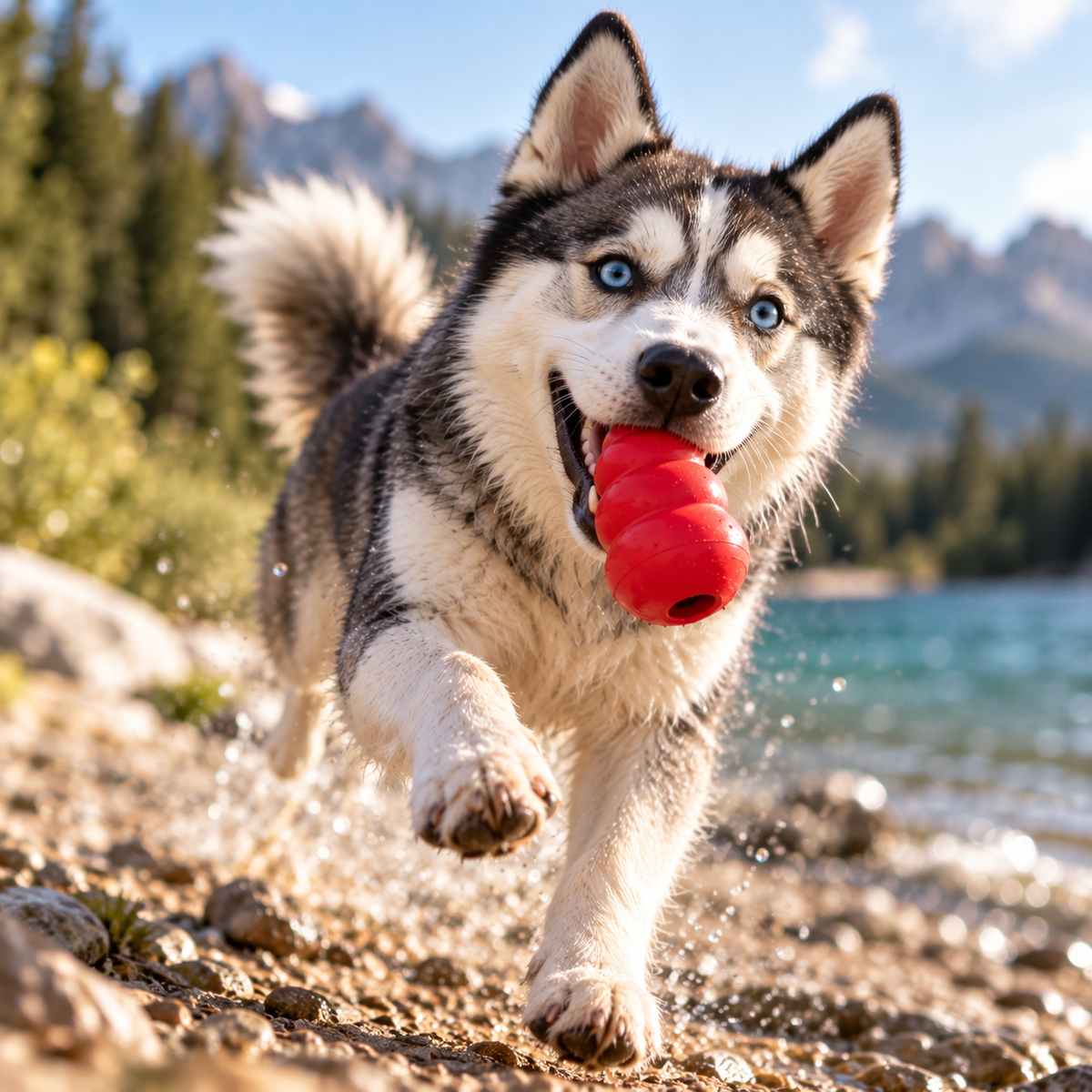 Jouet en caoutchouc pour chien, vue de côté